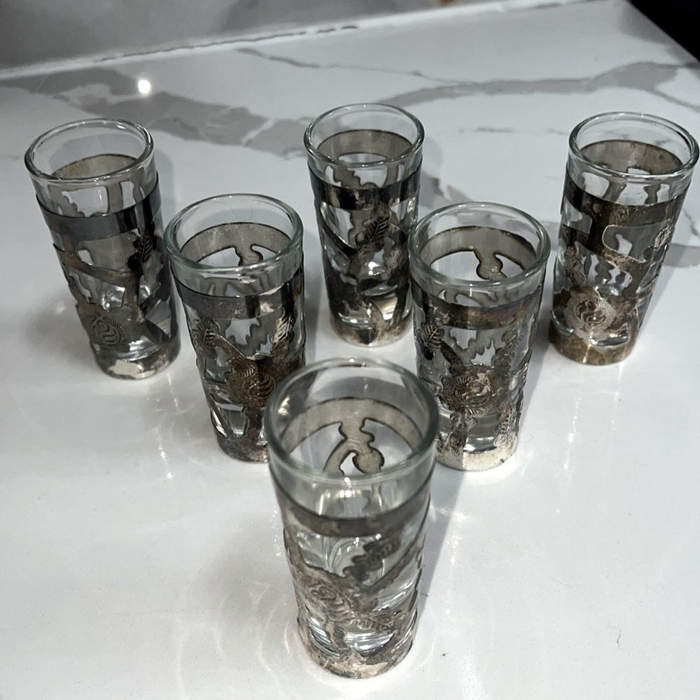 Set of 6 EGA Mexico Sterling Silver 925 703 Glass w Sterling Overlay Shot Glass